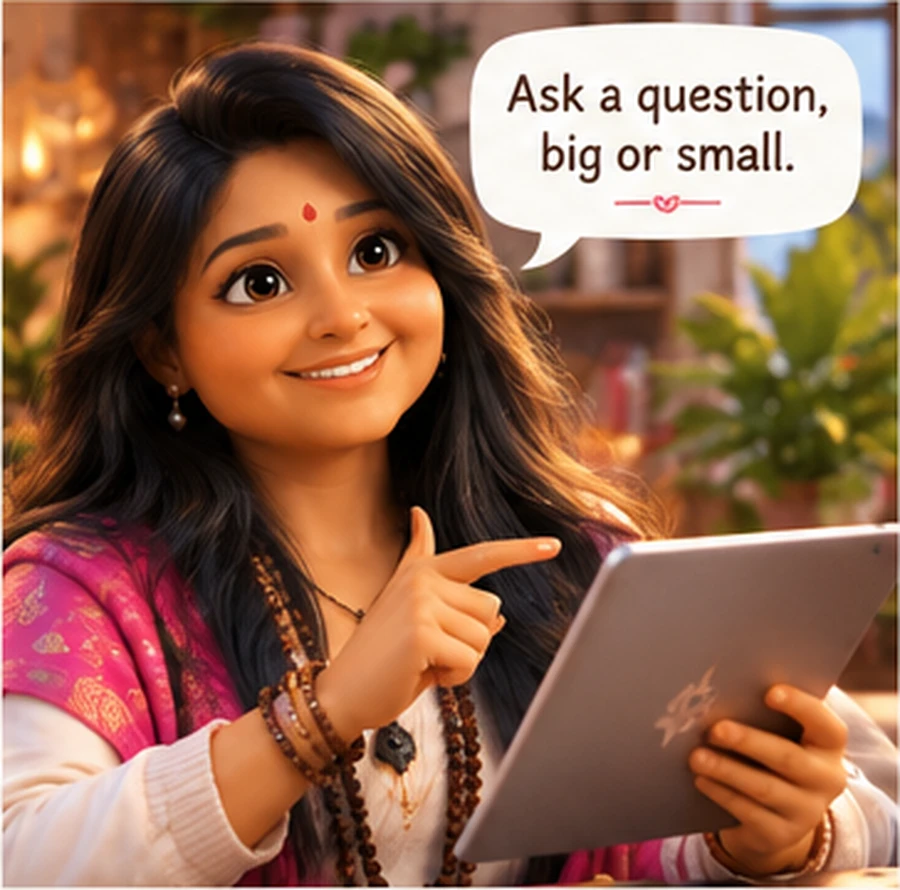 Gurumaa researching on a tablet